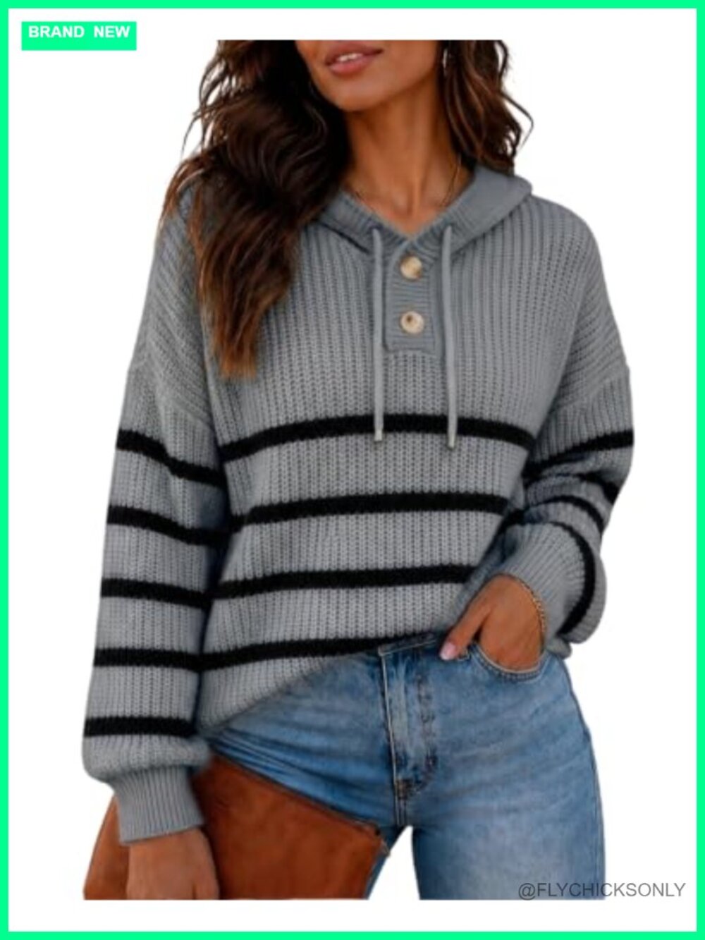Waffle Knit Striped Hoodie Sweater Oversized Pullover Women